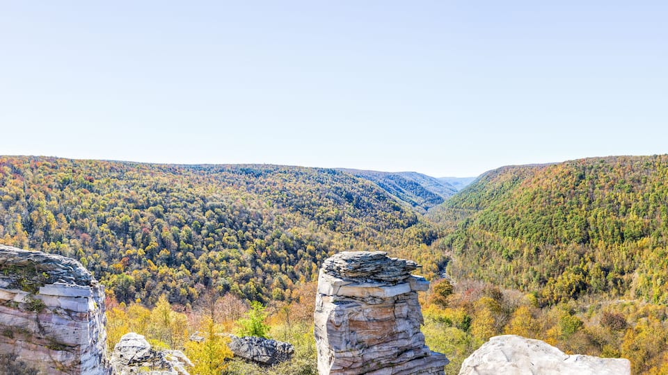 Panorama of canaan valley mountains in Blackwater falls state park in West Virginia during colorful autumn fall season with yellow foliage on trees, rock cliff at Lindy Point