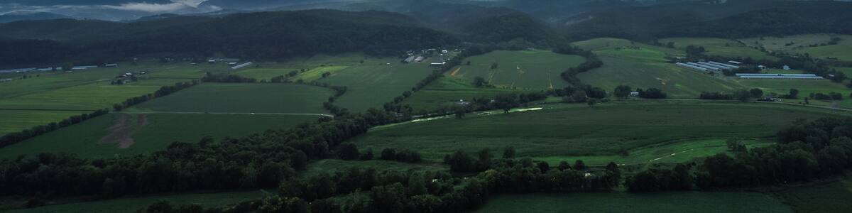An aerial view of Moorefield, West Virginia at sunset in the summer