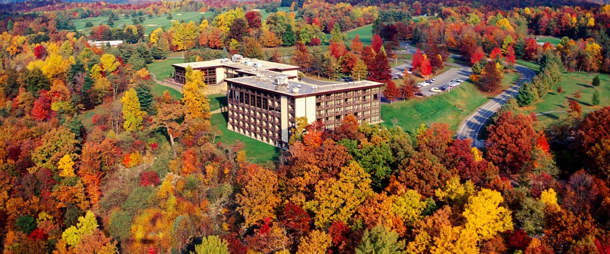 Aerial view of fall foliage & McKeever Lodge; Pipestem Resort State Park; West Virginia; USA