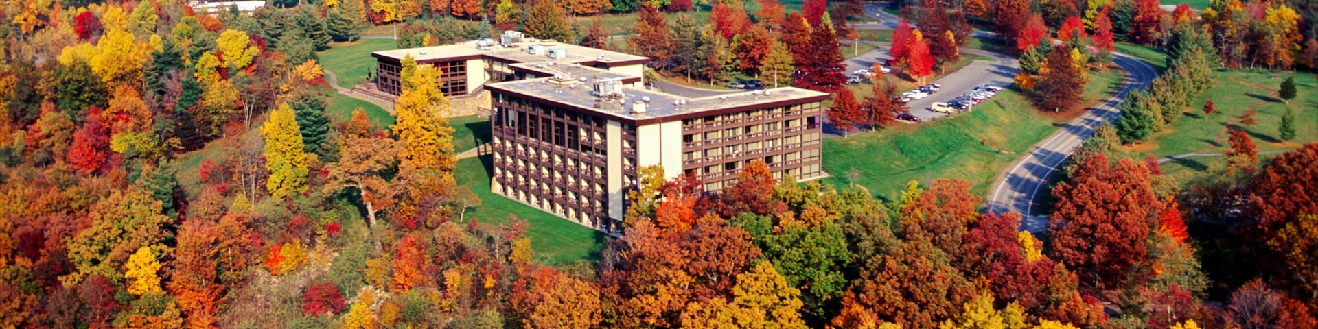 Aerial view of fall foliage & McKeever Lodge; Pipestem Resort State Park; West Virginia; USA