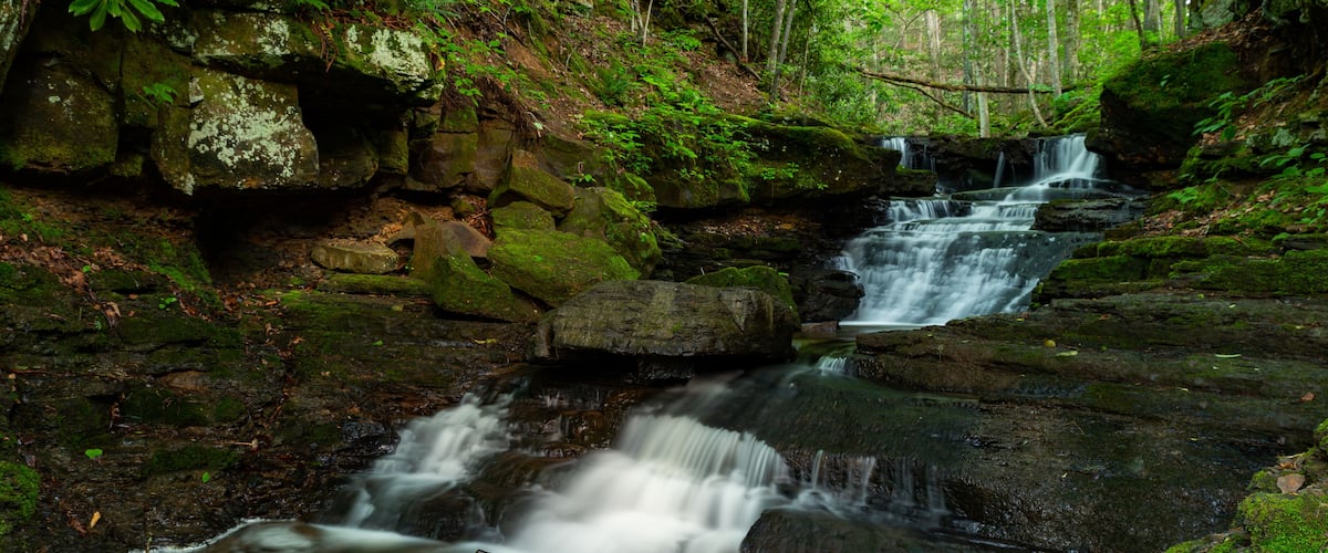 A waterfall cascading over moss-covered rocks in a forested area.