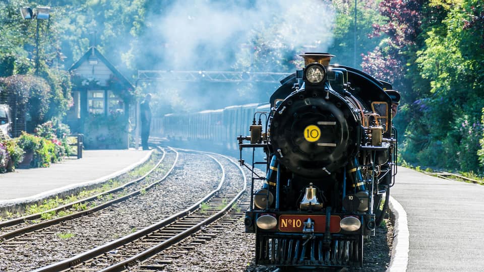 A steam locomotive with the number 10 on the front, traveling on a curved track surrounded by greenery and a small building.