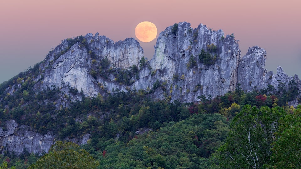 A mountain with a full moon in the sky and dense forest at its base.