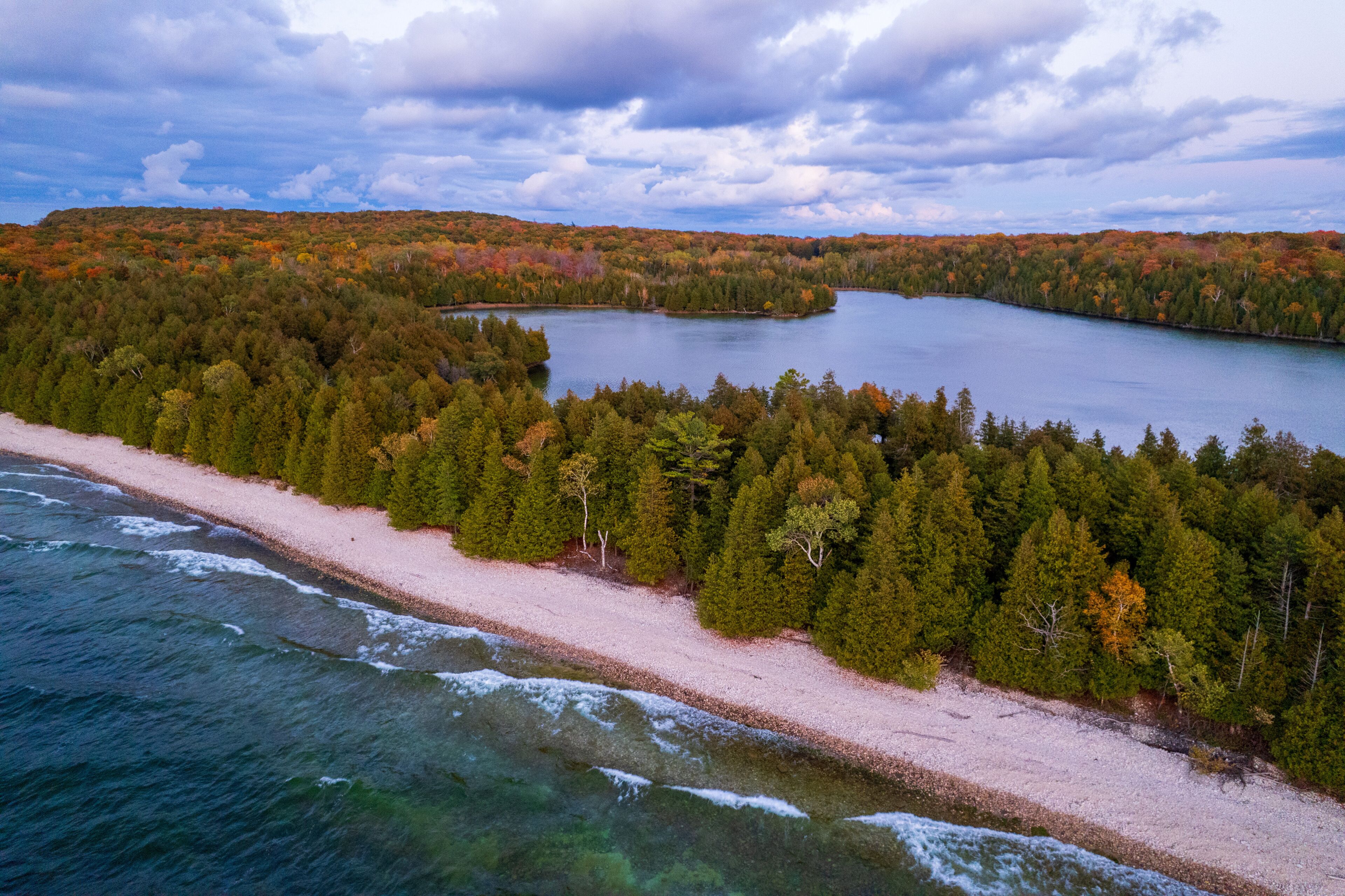 Vibrant Autumn Foliage Along Lake Michigan in Door County, Wisconsin