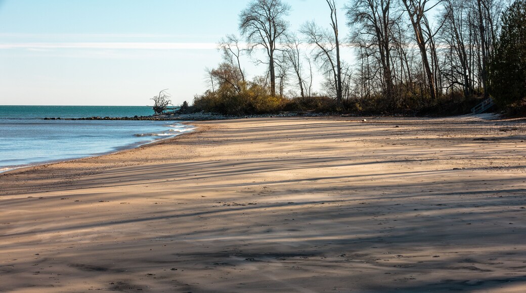 The silent beach scene, now covered with the streaking shadows from the afternoon lowering sun, at Harrington Beach State Park, Belgium, Wisconsin in early November