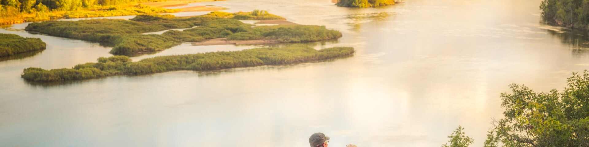 A river with islands, a person and a dog, and a forest in autumn.