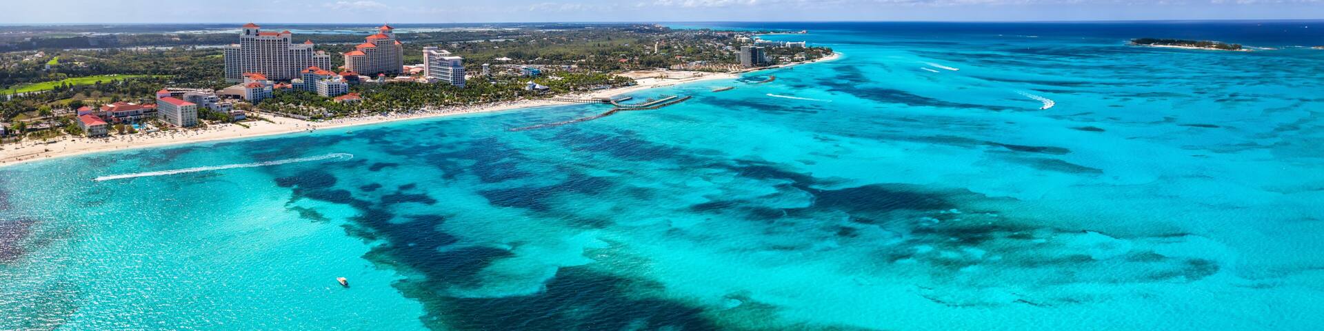 Panoramic aerial view of the turquoise sea at Goodmans Bay and Cable beach, Nassau, Bahamas