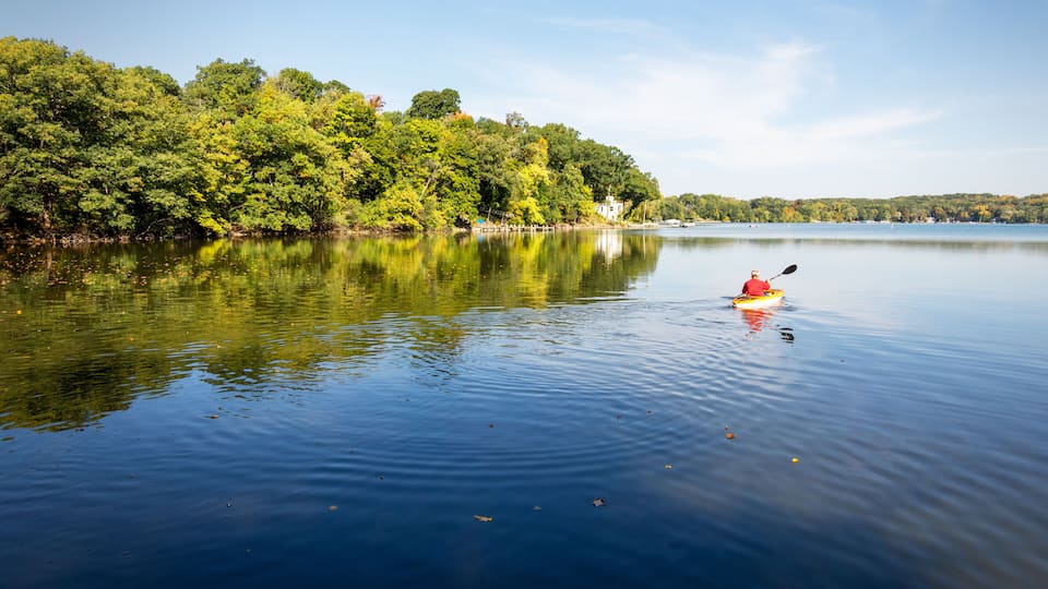 A calm lake with a kayaker in a red kayak, surrounded by dense green trees and a clear blue sky.