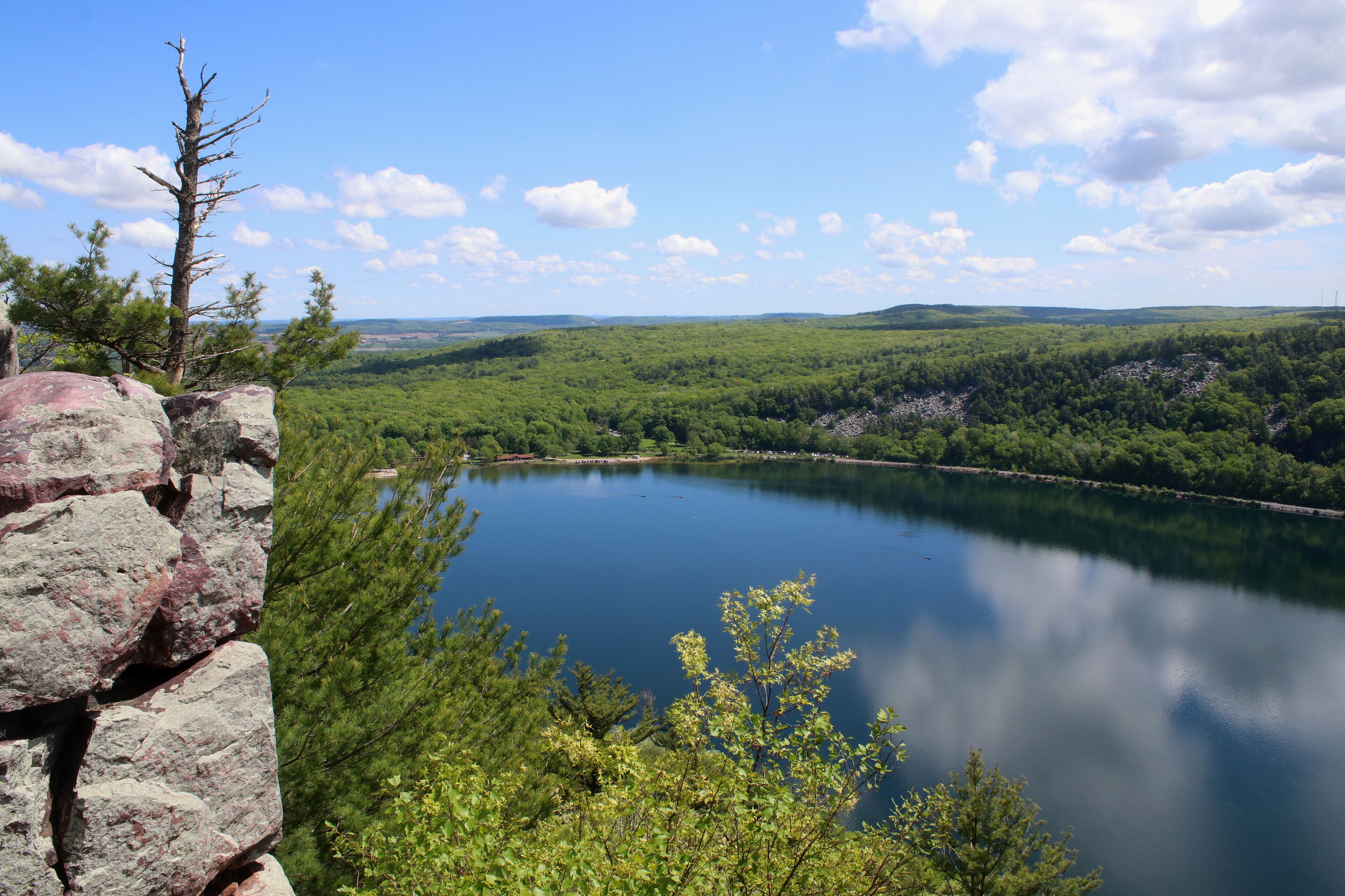 Wisconsin ice age nature background. Spring landscape at Devils Lake State Park, Baraboo area, Wisconsin, USA. Scenic view from East Bluff trail on the lake and north shore.