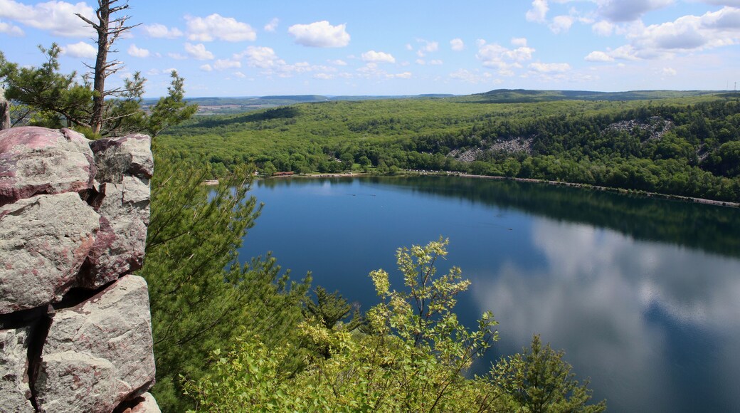 Wisconsin ice age nature background. Spring landscape at Devils Lake State Park, Baraboo area, Wisconsin, USA. Scenic view from East Bluff trail on the lake and north shore.
