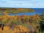A coastal landscape with autumn foliage and a body of water.