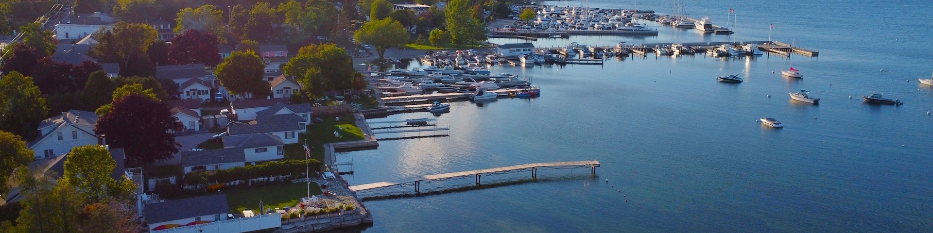 Aerial sunset photo in Fish Creek Wisconsin.