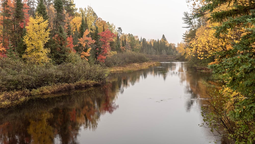 A calm river surrounded by autumn-colored trees.