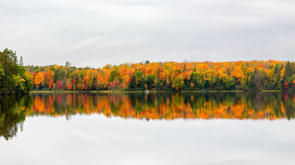 A calm lake reflecting colorful autumn trees.