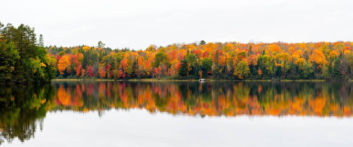 Colorful autumn trees on lake of the Falls in Mercer, Wisconsin