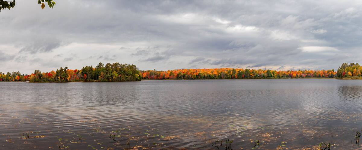 A calm lake surrounded by autumn-colored trees.
