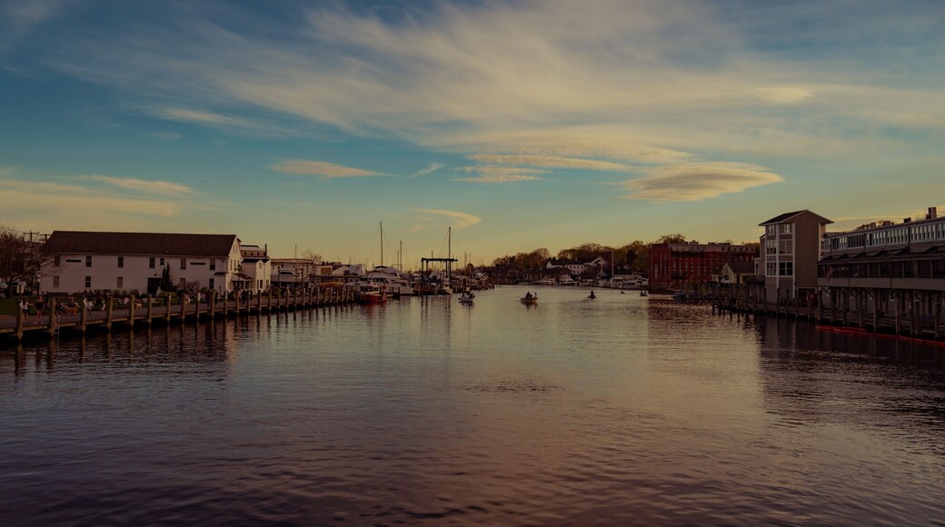 A calm river with boats, waterfront buildings, and a clear sky.