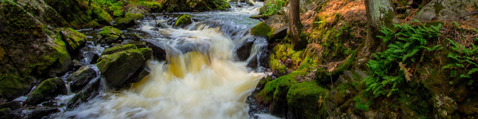 Forest Waterfall Panorama. Long Slide Falls in Niagara, Wisconsin.