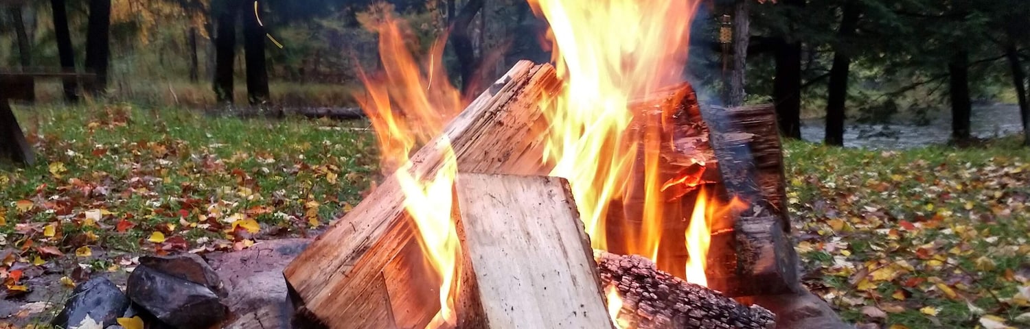 A campfire surrounded by rocks and autumn leaves in a forest.