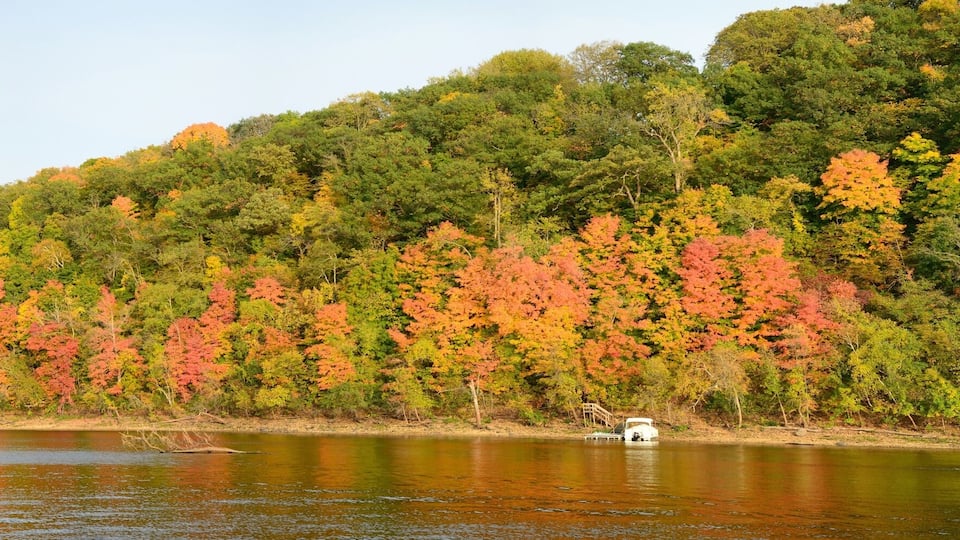 A river with a forested hillside in autumn colors.