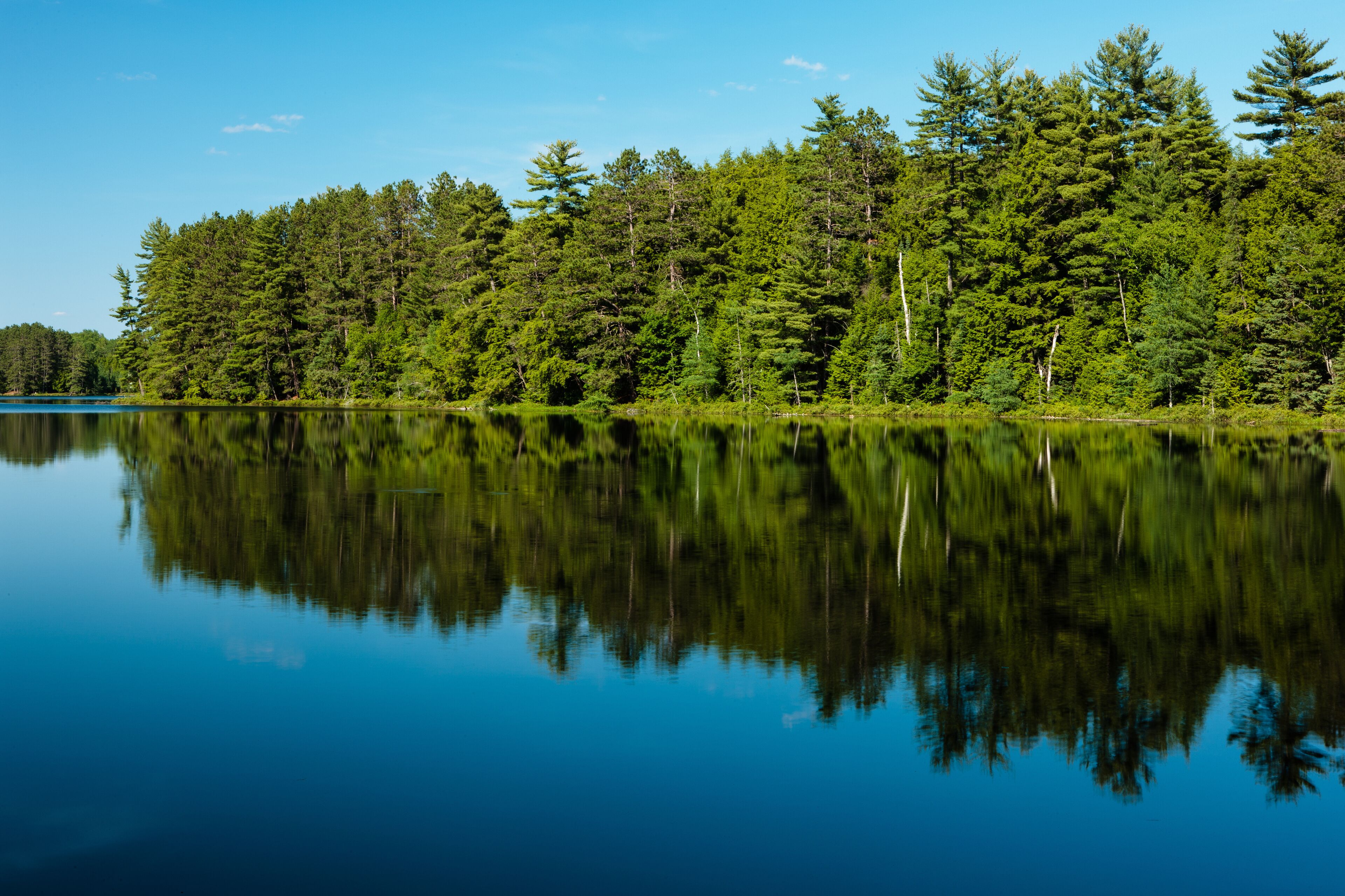 The very calm water of Hemlock Lake, near Minocqua, Wisconsin relfects the shoreline forest and overhead mostly-cloudless sky on an early July afternoon.