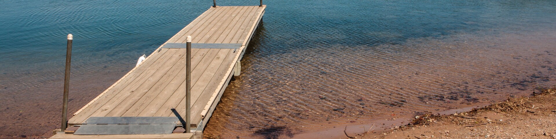 A wooden dock extending into a calm lake with a forest in the background.