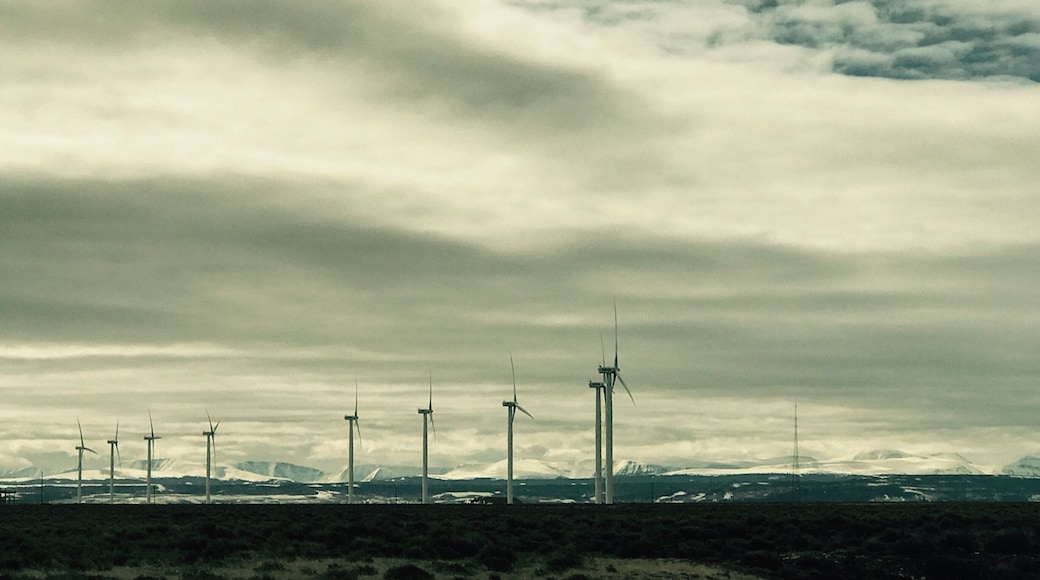 Windmill Farms and snowy mountains backgrounds đ