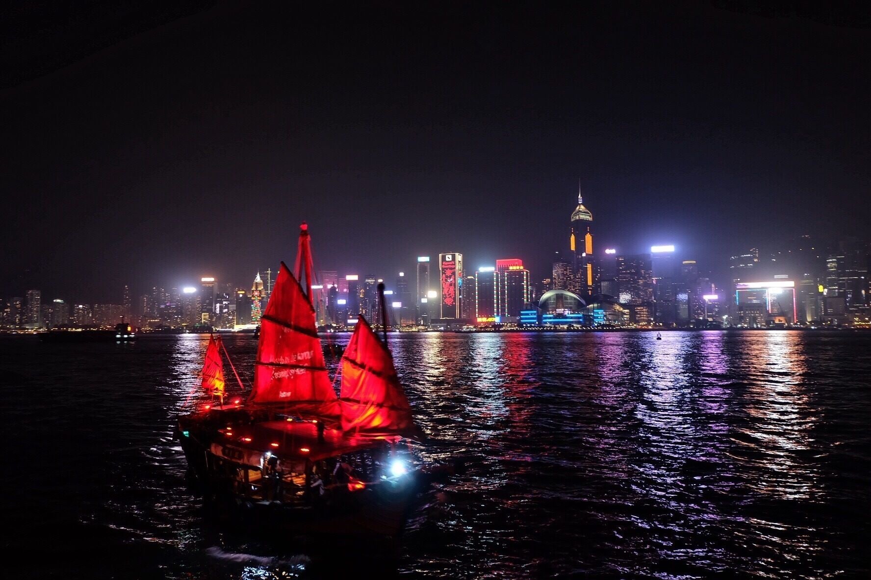 A sailboat with red sails on a body of water with a city skyline in the background.