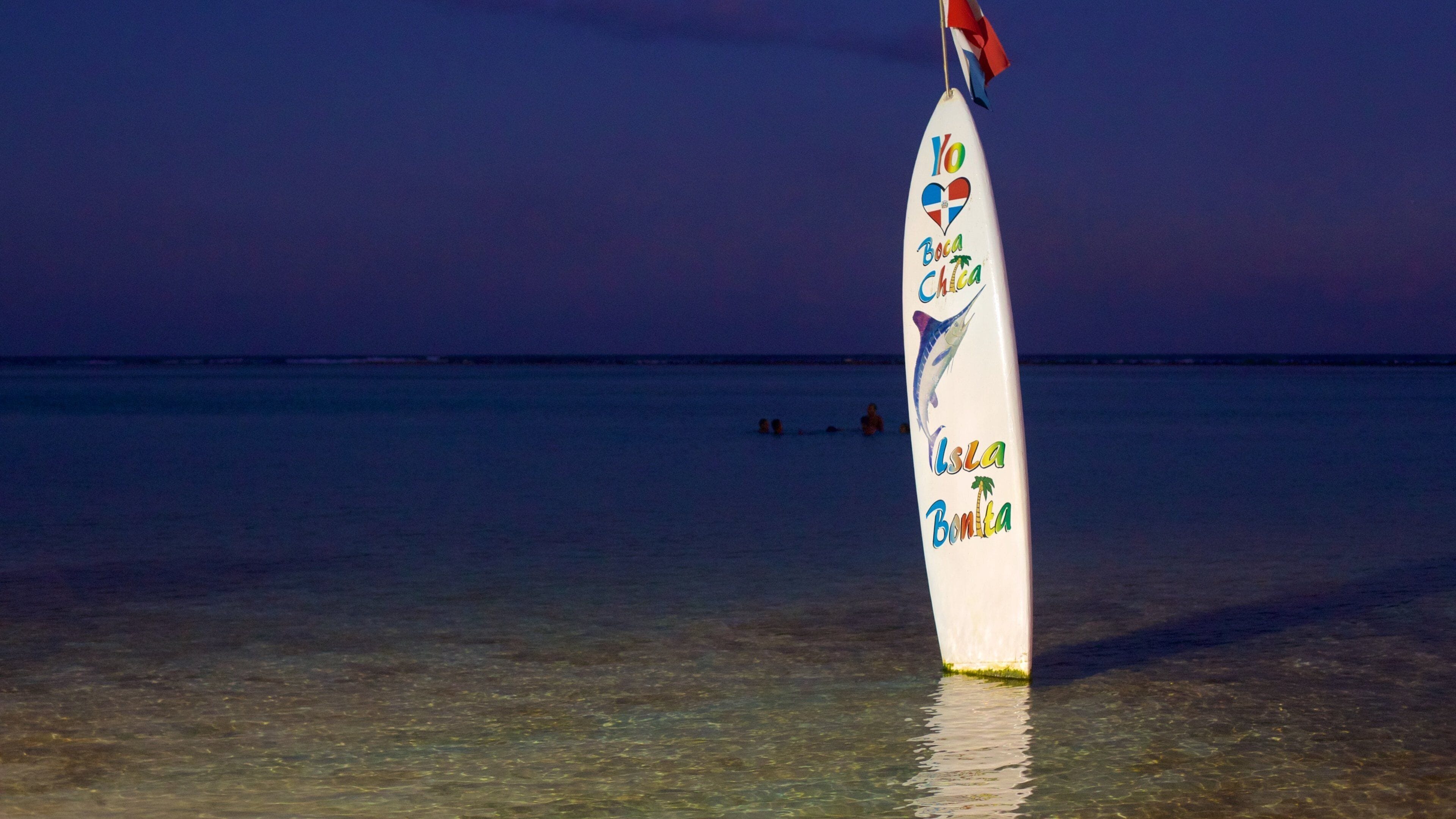 A surfboard with colorful text and a flag, standing in shallow water at a beach.