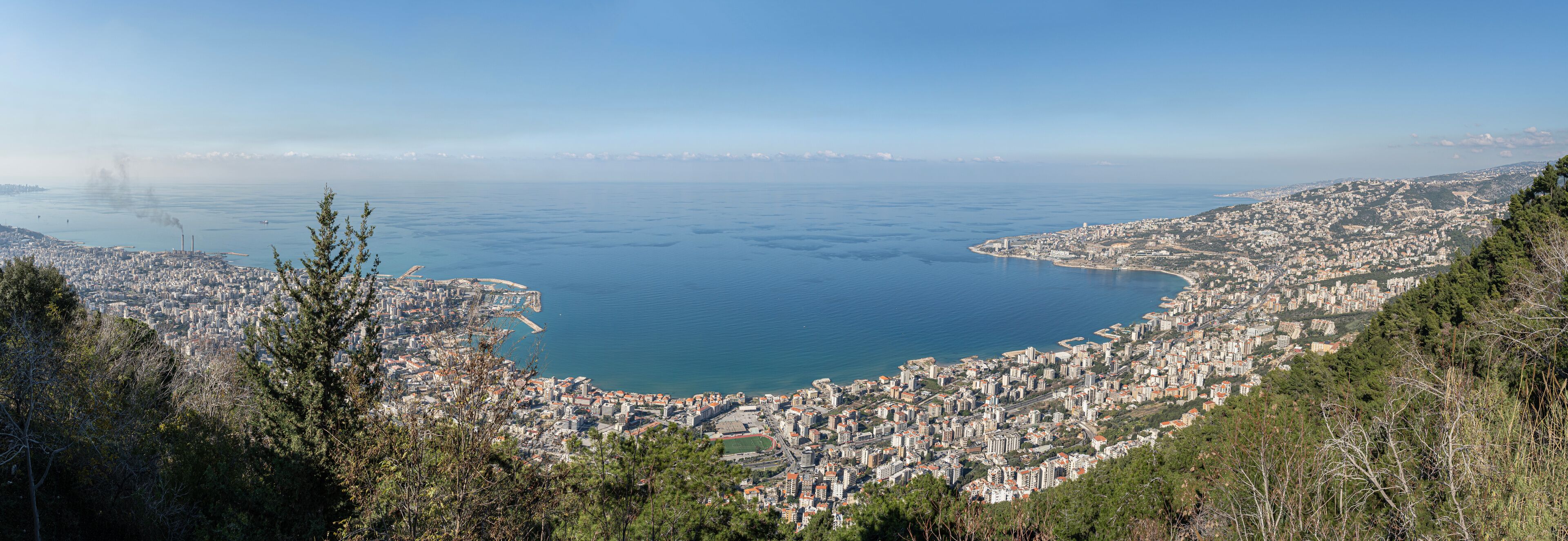 Aerial panoramic view to Jounieh city and bay from Harissa mountain, Lebanon