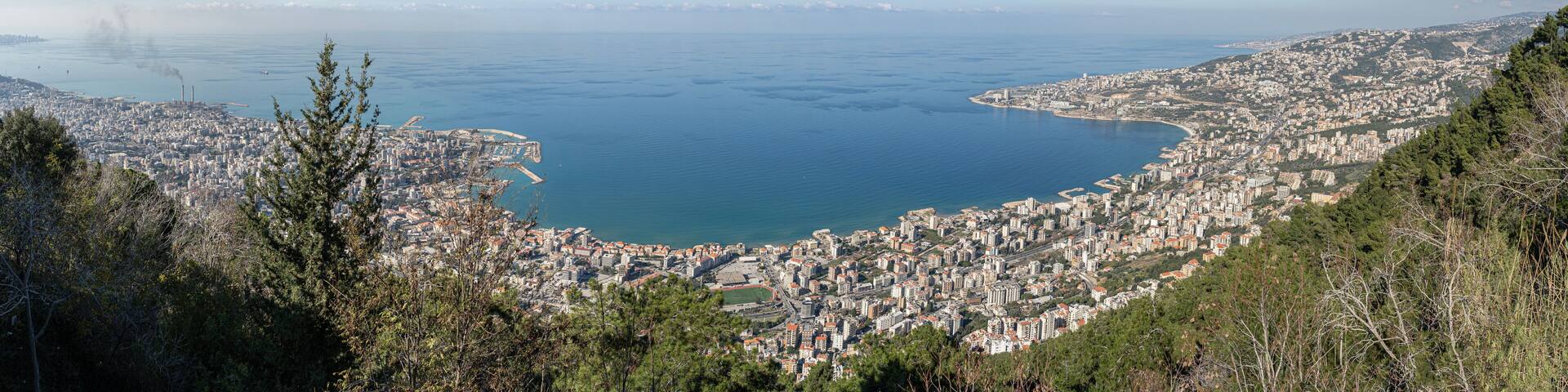 Aerial panoramic view to Jounieh city and bay from Harissa mountain, Lebanon