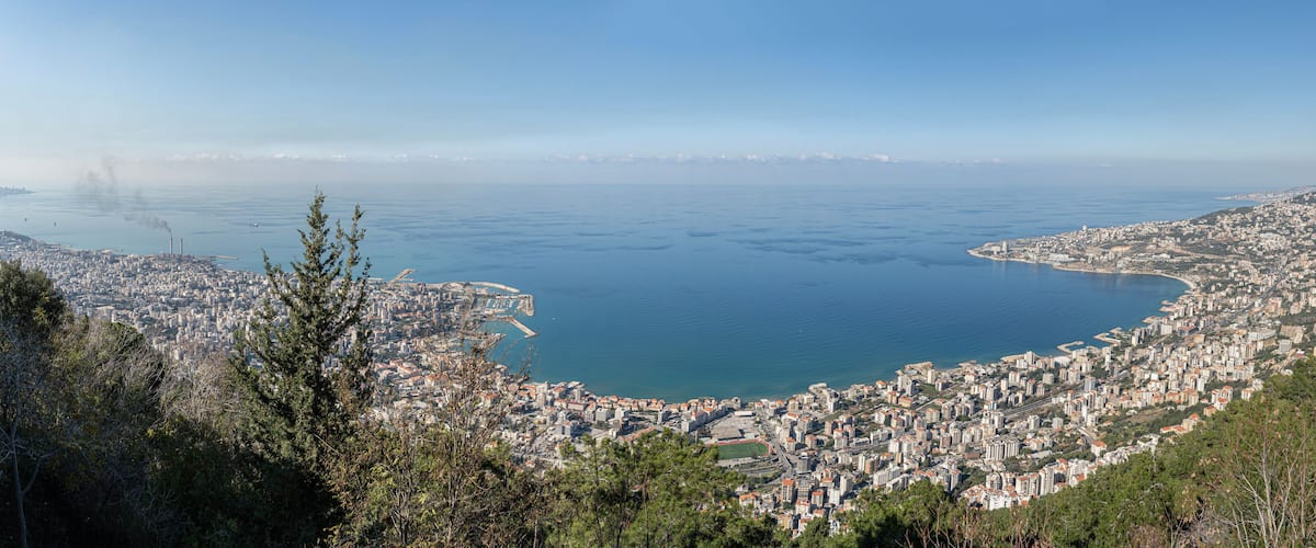 Aerial panoramic view to Jounieh city and bay from Harissa mountain, Lebanon