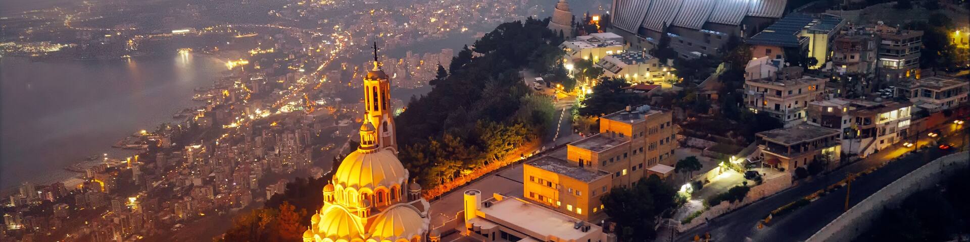 A cityscape at dusk with a prominent cathedral, a modern building with a unique roof, and a river in the background.