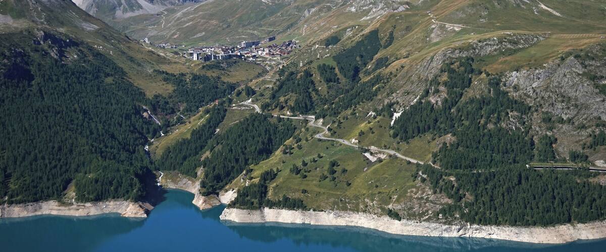 View over the lake Lac du Chevril to Tignes, France.