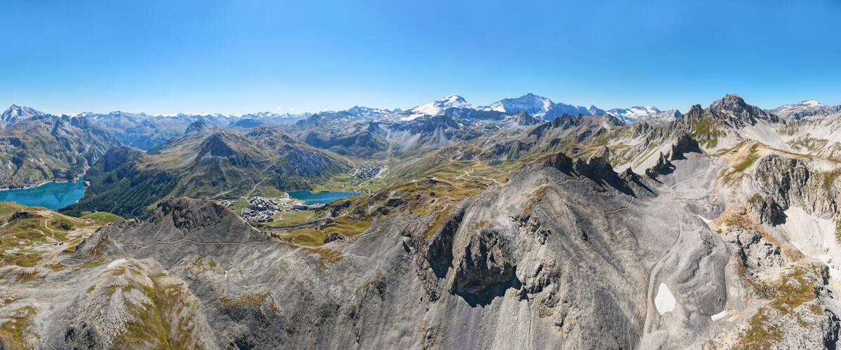 View of mountains and Chevril lake near Tignes Ski Resort, France