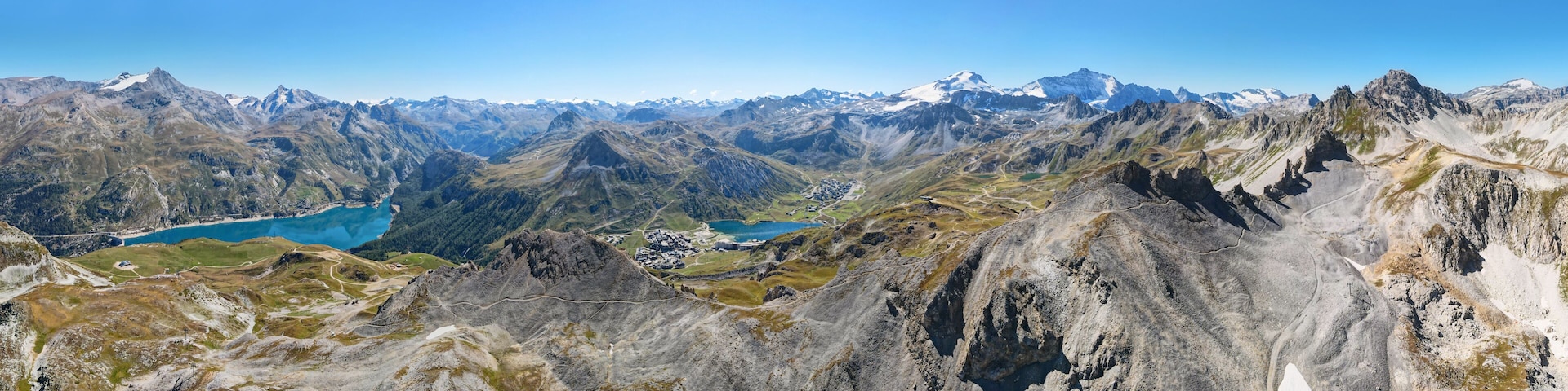 View of mountains and Chevril lake near Tignes Ski Resort, France
