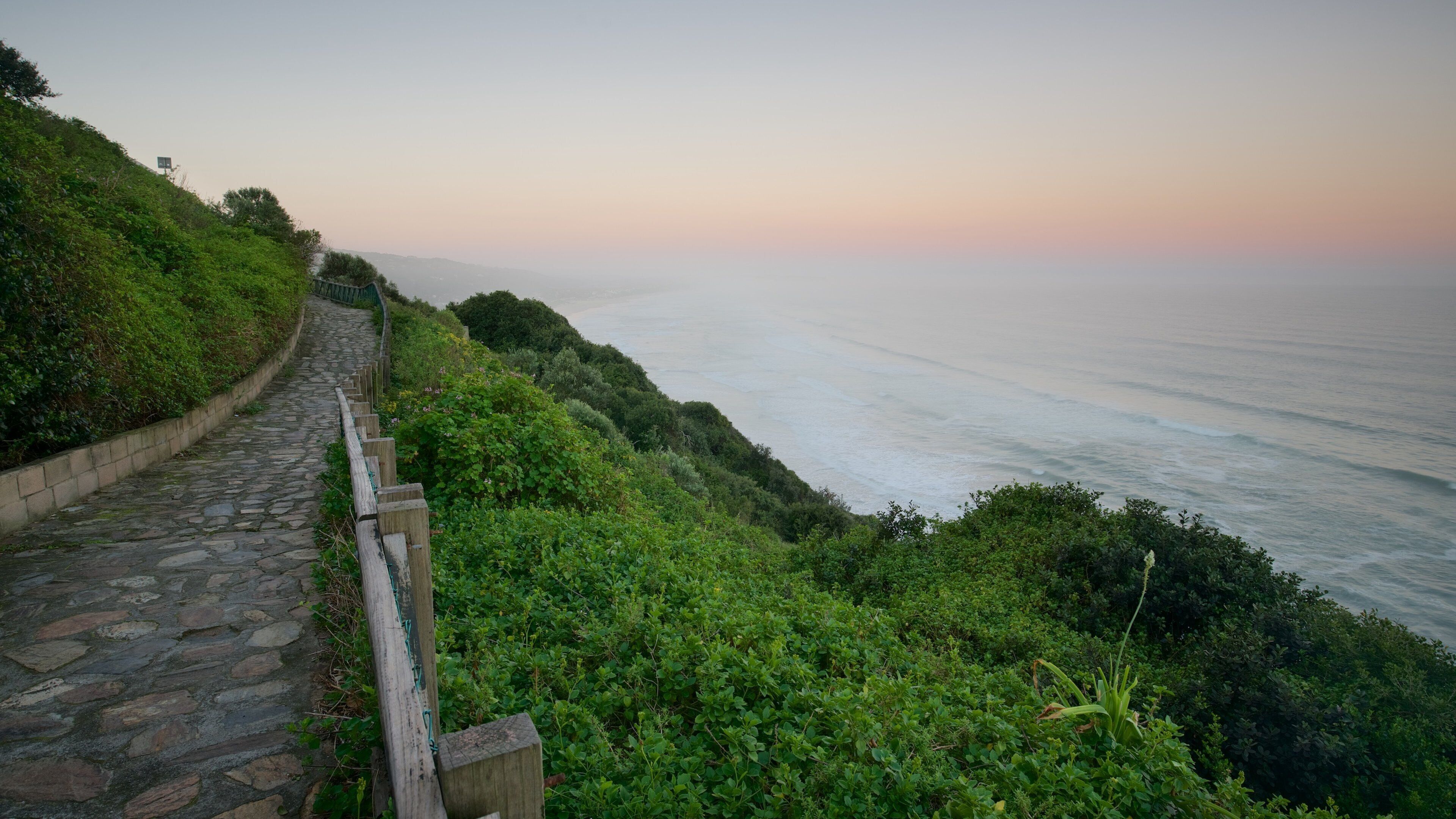 A stone pathway along a coastal cliff with lush greenery and the ocean in the background.