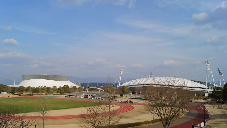 (right to left) Main stadium aka KKWING, supplemental track, the Park Dome of Kumamoto prefectural sports park, Japan.