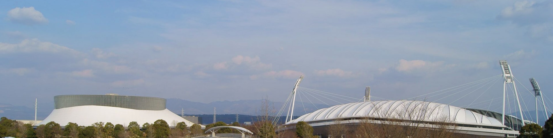 (right to left) Main stadium aka KKWING, supplemental track, the Park Dome of Kumamoto prefectural sports park, Japan.