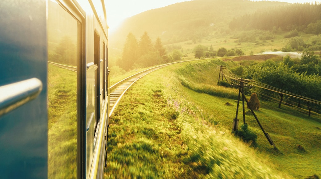 View from train on mountains at sunset