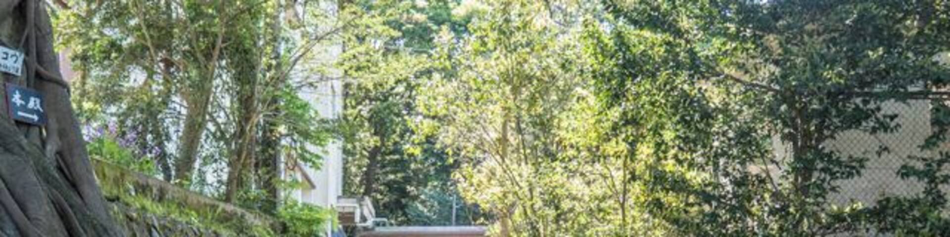 A three meter high tori gate on Sakurajima was completely buried by ash and pumice stone during a volcanic eruption which occurred in 1914. Rediscovered by builders doing excavation work while building a new school, it was left partially buried as a memorial.
Lava flows from the same eruption joined the then island of Sakurajima to Kyushu.