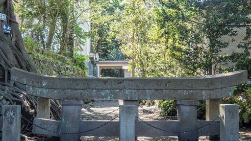 A three meter high tori gate on Sakurajima was completely buried by ash and pumice stone during a volcanic eruption which occurred in 1914. Rediscovered by builders doing excavation work while building a new school, it was left partially buried as a memorial.
Lava flows from the same eruption joined the then island of Sakurajima to Kyushu.