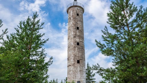 A tall, cylindrical lighthouse surrounded by dense green pine trees.