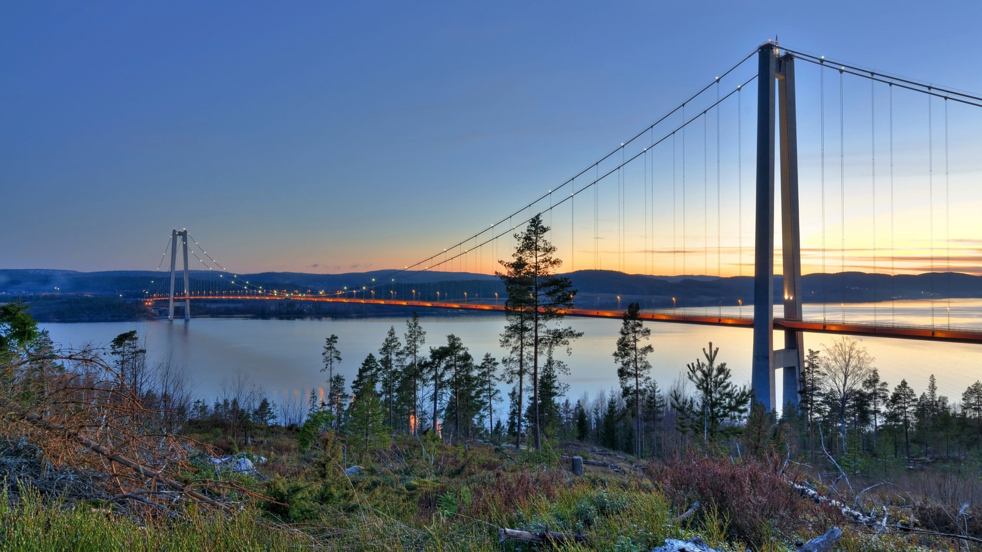 A suspension bridge at sunset over a calm lake with surrounding forest.