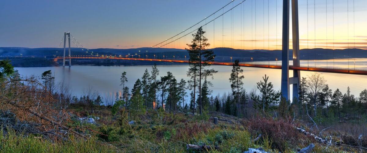 A suspension bridge at sunset over a calm lake with surrounding forest.