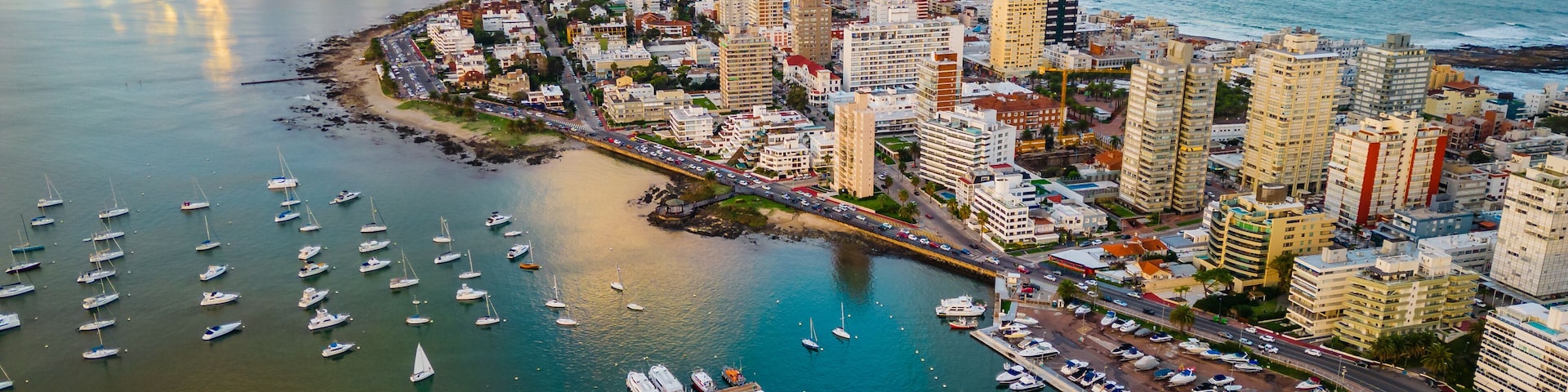 A coastal cityscape with a marina filled with boats, high-rise buildings, and a beach.