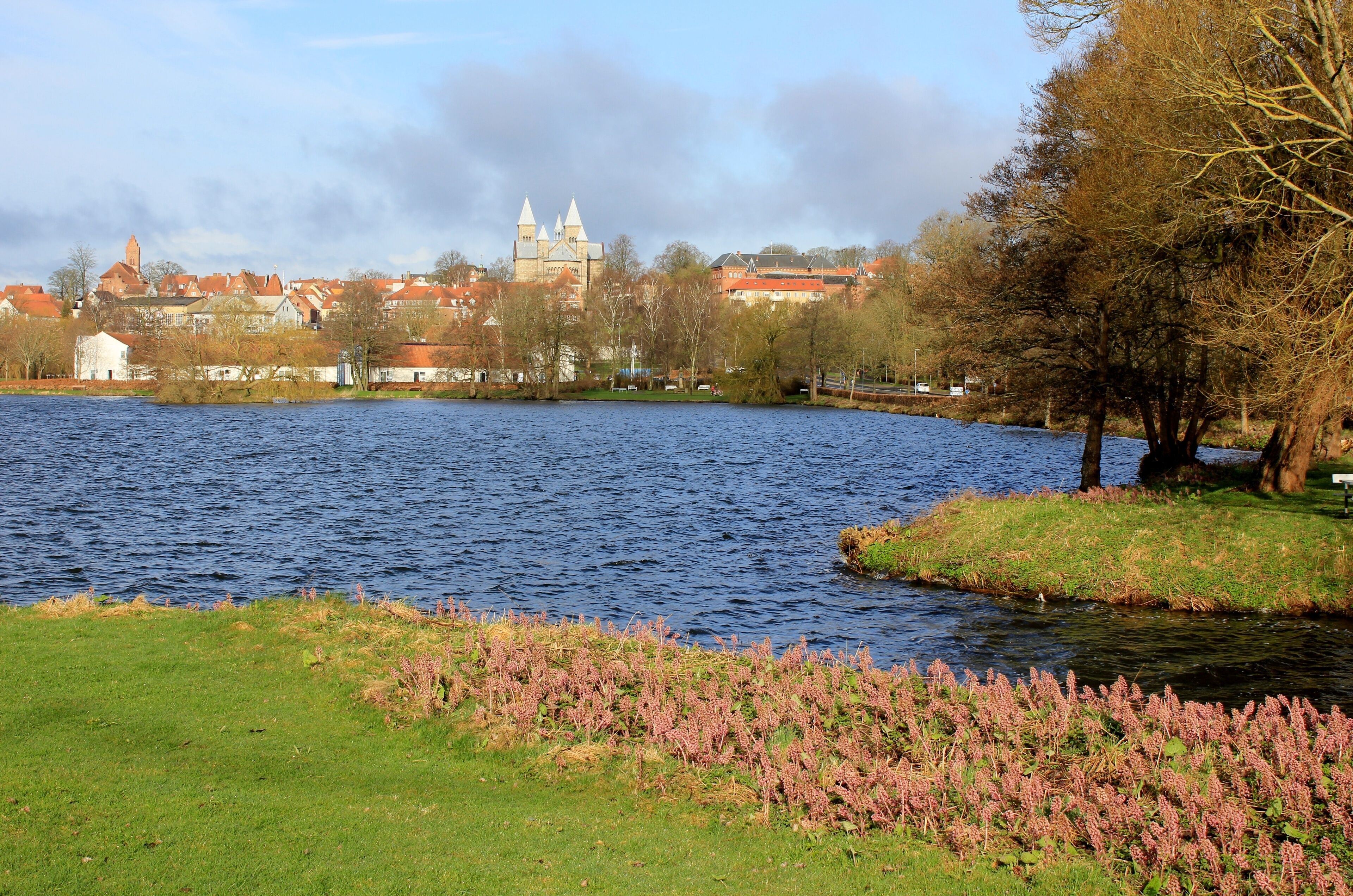 A river with a cityscape in the background, including a prominent church with two towers.