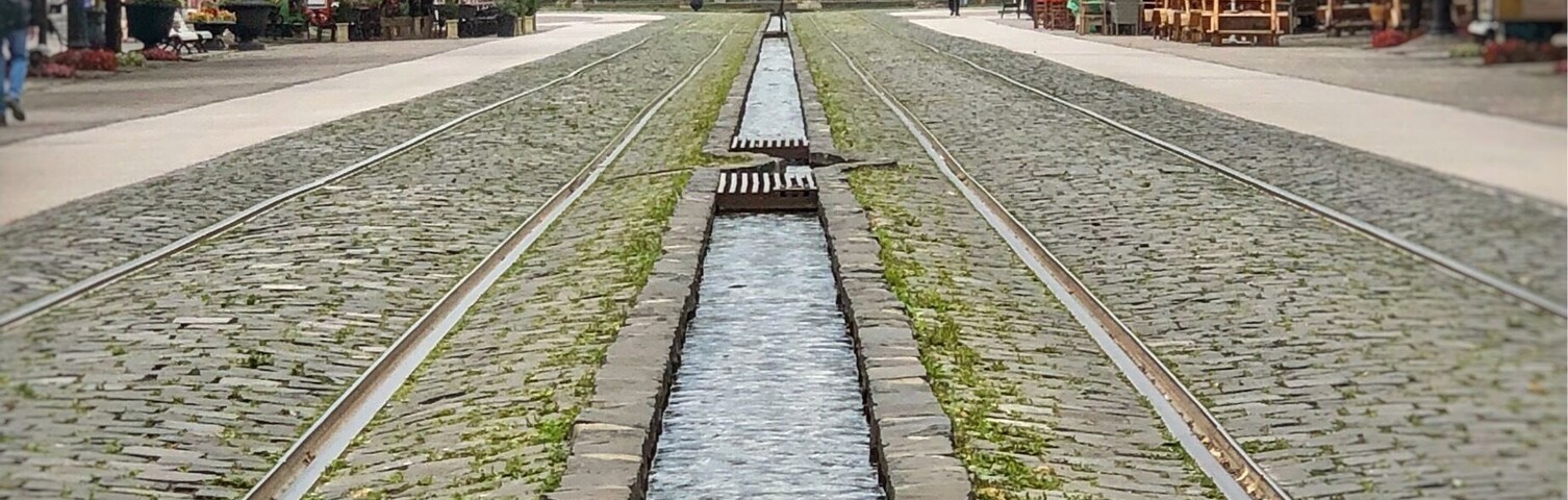 Un sendero adoquinado con un canal de agua en el centro, que conduce a un gran edificio histórico con una cúpula verde y agujas.