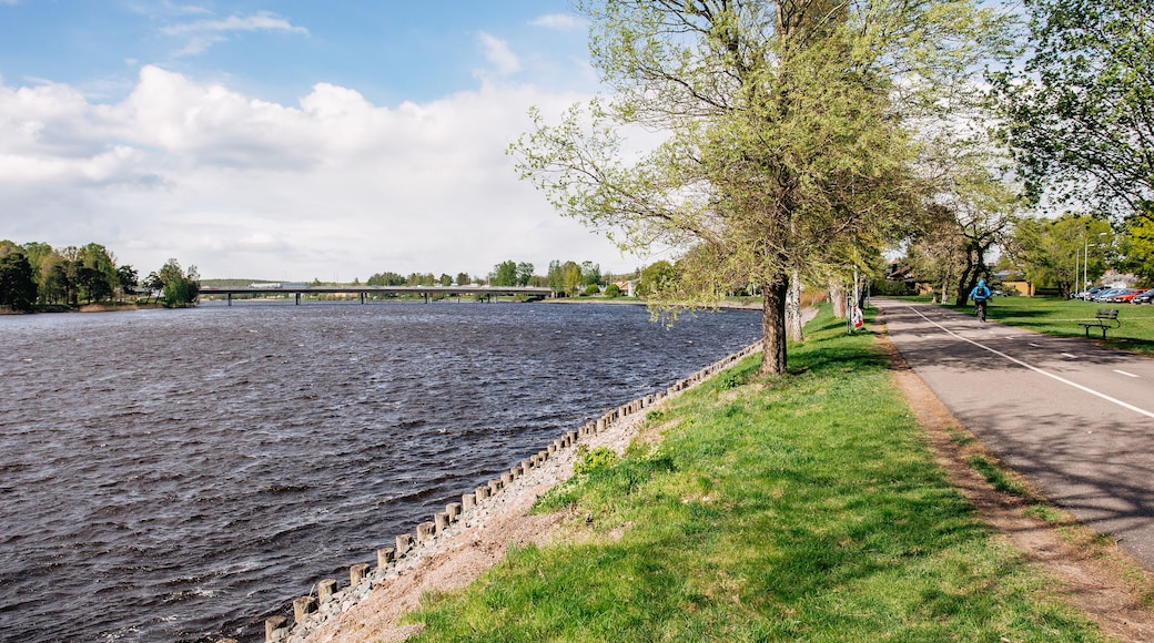 A river with a concrete embankment, a pedestrian path, and a bridge in the distance.