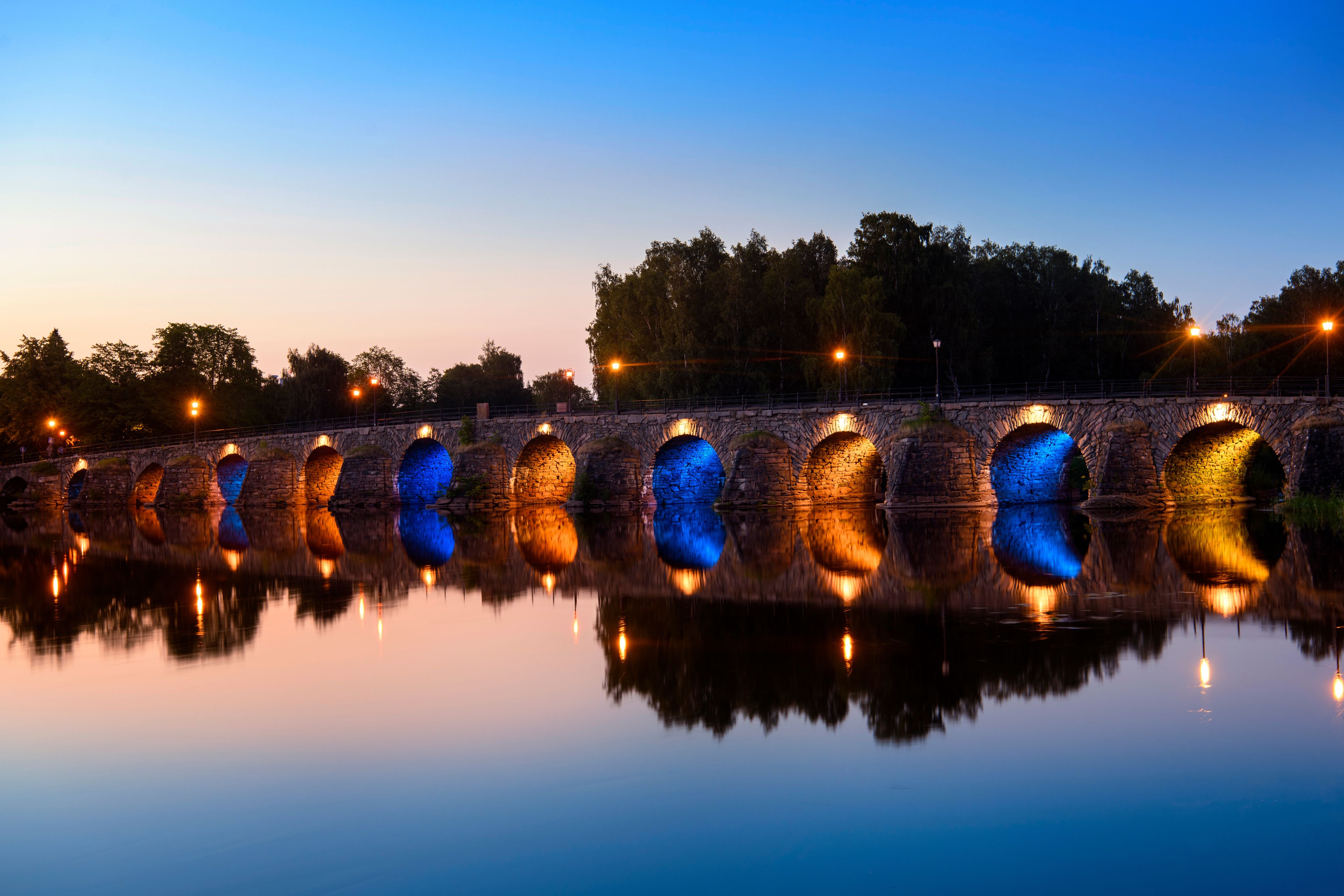 Sweden’s longest arched stone bridge at sunset. Karlstad, Varmland, Sweden